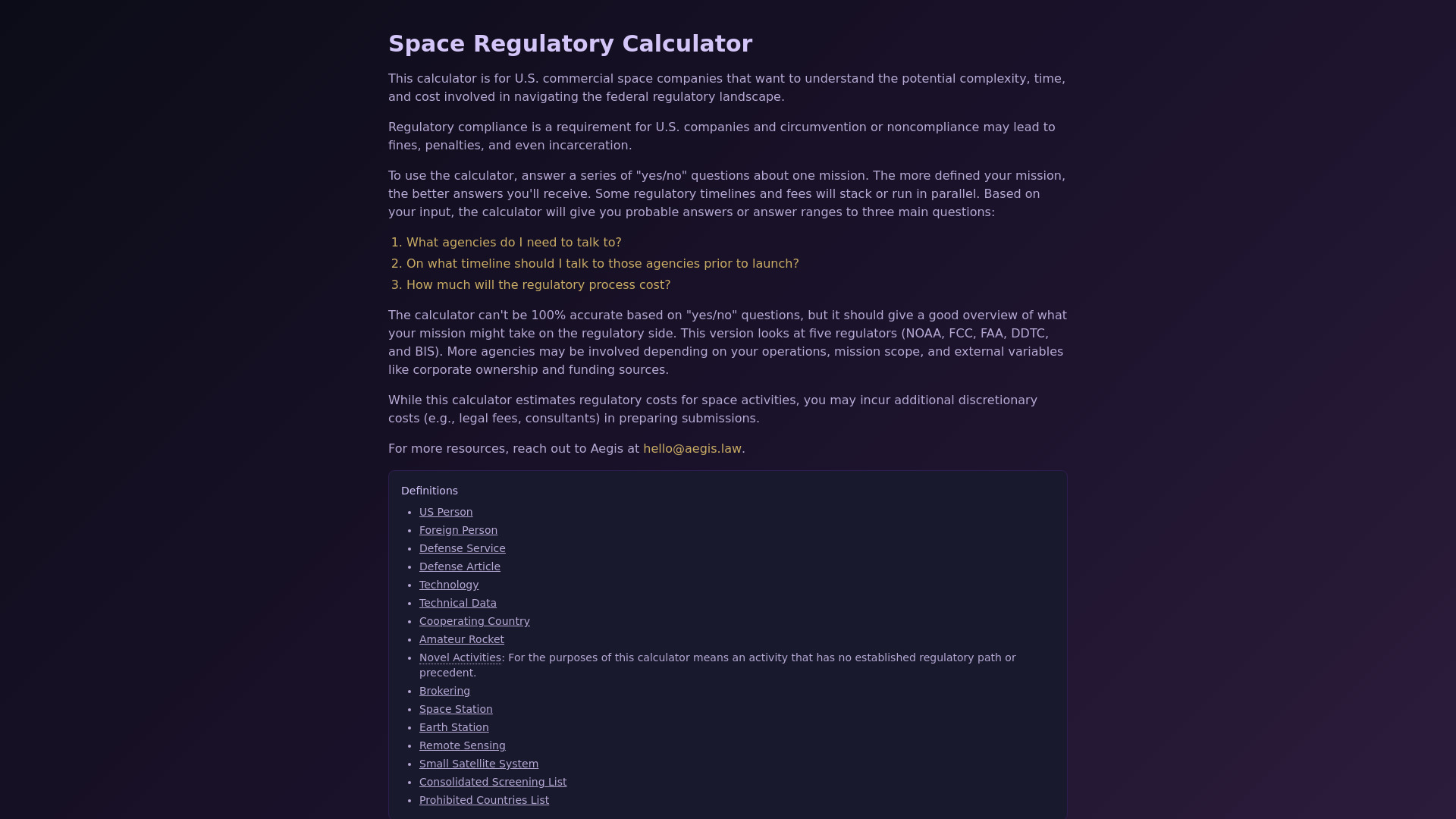 Aegis Space Regulatory Calculator cover